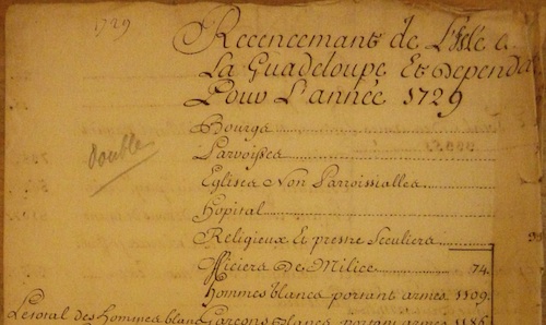 'Recencement de L�Isle de La Guadeloupe Et Dependances Pour L�ann�e 1729' This photo represents a census. It illustrates the way in which early modern French administrators used ethnic categorisations in administrative papers.   Credit: Archives Nationales d�Outre Mer, G1 497 